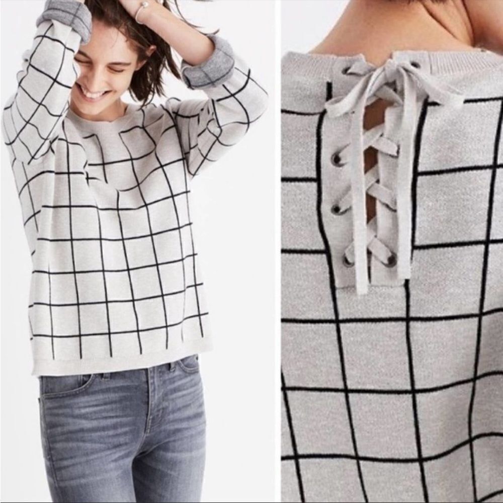 Madewell Windowpane Lace Up Back Sweater
